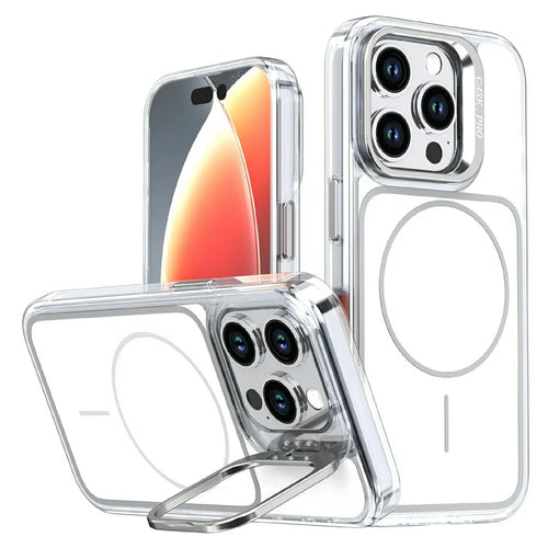 For iPhone 15 Pro Magnetic Case Matching Color Lens Kickstand TPU PC Phone Cover Compatible with MagSafe - White - 1