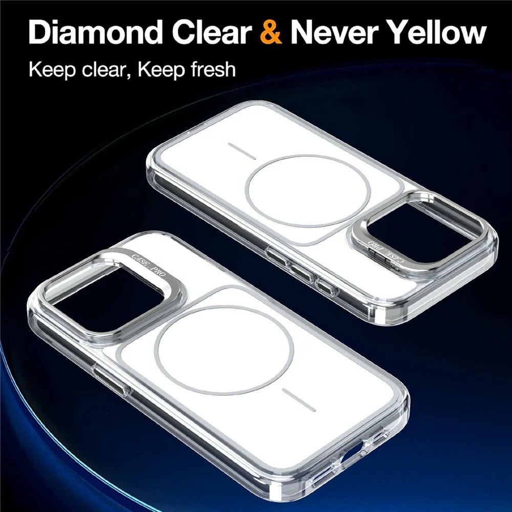 For iPhone 15 Pro Magnetic Case Matching Color Lens Kickstand TPU PC Phone Cover Compatible with MagSafe - White - 3