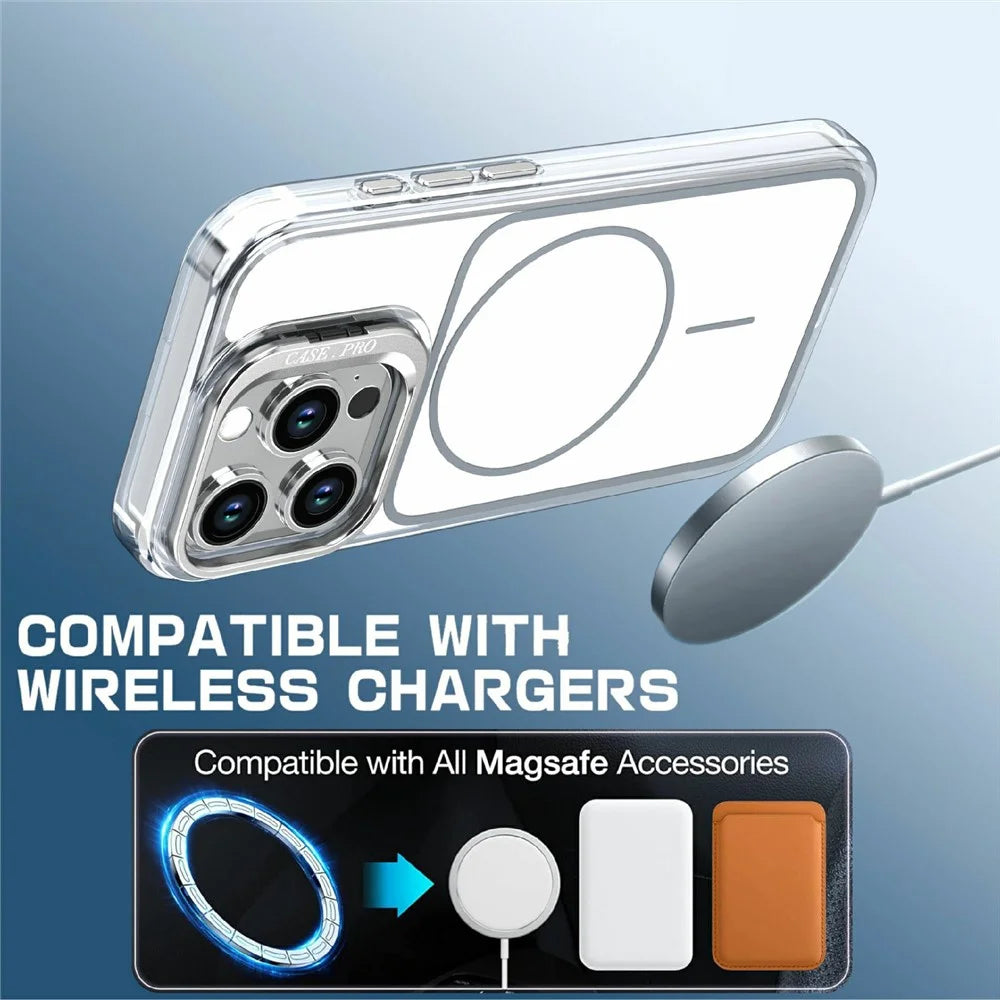 For iPhone 15 Pro Magnetic Case Matching Color Lens Kickstand TPU PC Phone Cover Compatible with MagSafe - White - 4