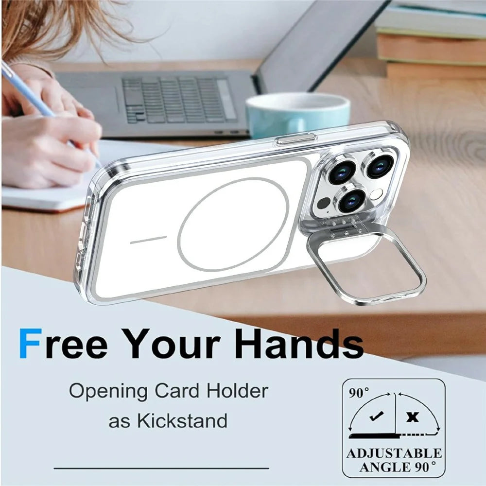 For iPhone 15 Pro Max Magnetic Case Matching Color Lens Kickstand TPU PC Phone Cover Compatible with MagSafe - White - 2