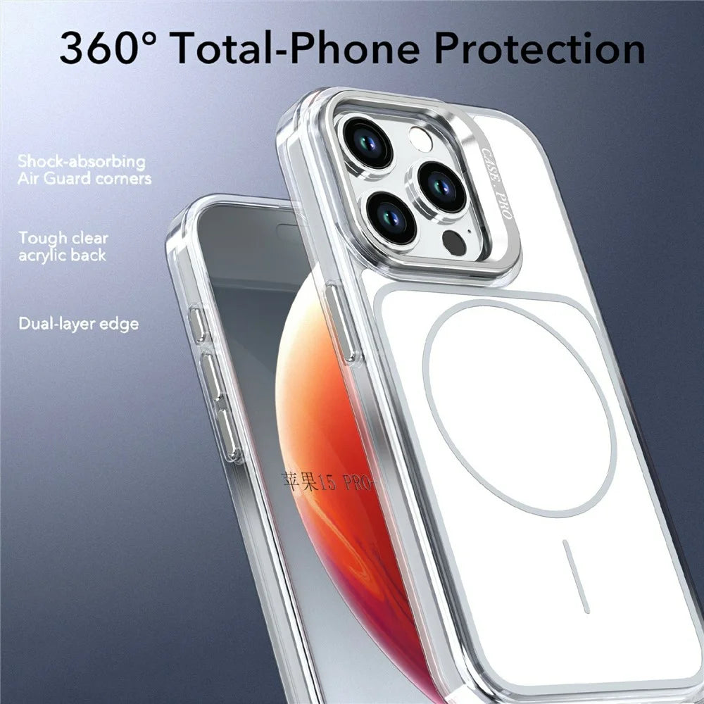 For iPhone 15 Pro Max Magnetic Case Matching Color Lens Kickstand TPU PC Phone Cover Compatible with MagSafe - White - 5