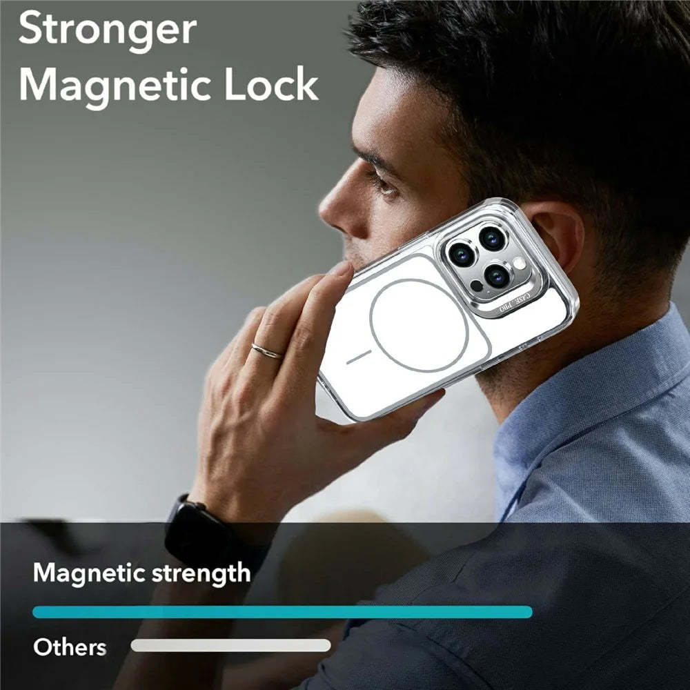 For iPhone 15 Pro Max Magnetic Case Matching Color Lens Kickstand TPU PC Phone Cover Compatible with MagSafe - White - 6