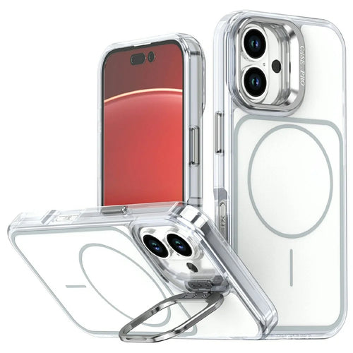For iPhone 16 Magnetic Case Matching Color Lens Kickstand TPU PC Phone Cover Compatible with MagSafe - White - 1