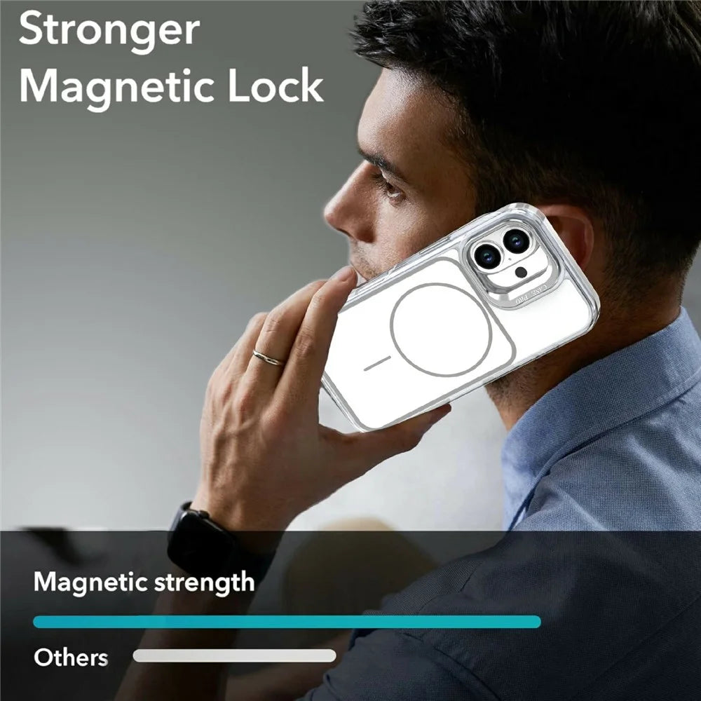 For iPhone 16 Magnetic Case Matching Color Lens Kickstand TPU PC Phone Cover Compatible with MagSafe - White - 6