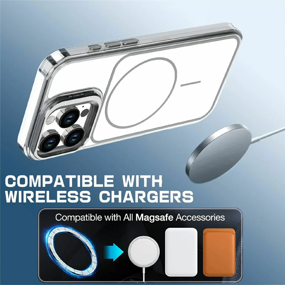 For iPhone 16 Pro Magnetic Case Matching Color Lens Kickstand TPU PC Phone Cover Compatible with MagSafe - White - 4