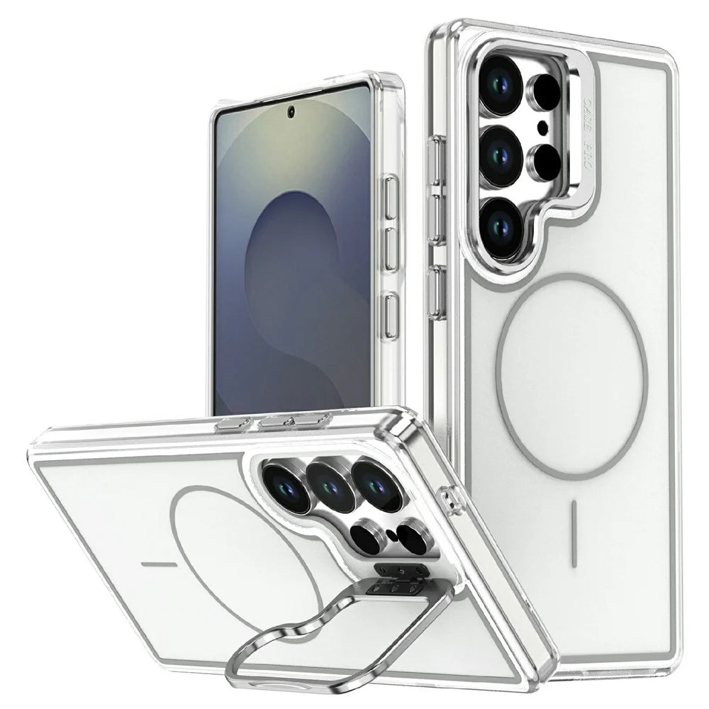 For Samsung Galaxy S25 Ultra Magnetic Case Matching Color Lens Kickstand TPU PC Phone Cover - White - 1