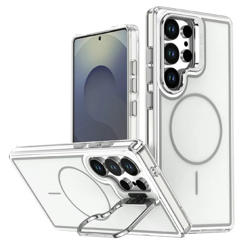 For Samsung Galaxy S25 Ultra Magnetic Case Matching Color Lens Kickstand TPU PC Phone Cover - White - 1