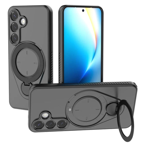 For Samsung Galaxy S25 Magnetic Case Rotating Kickstand TPU PC Phone Cover - Black - 1