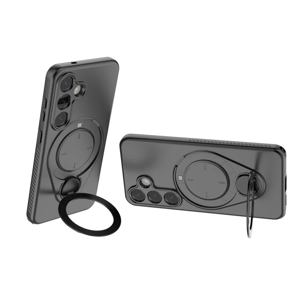 For Samsung Galaxy S25 Magnetic Case Rotating Kickstand TPU PC Phone Cover - Black - 2