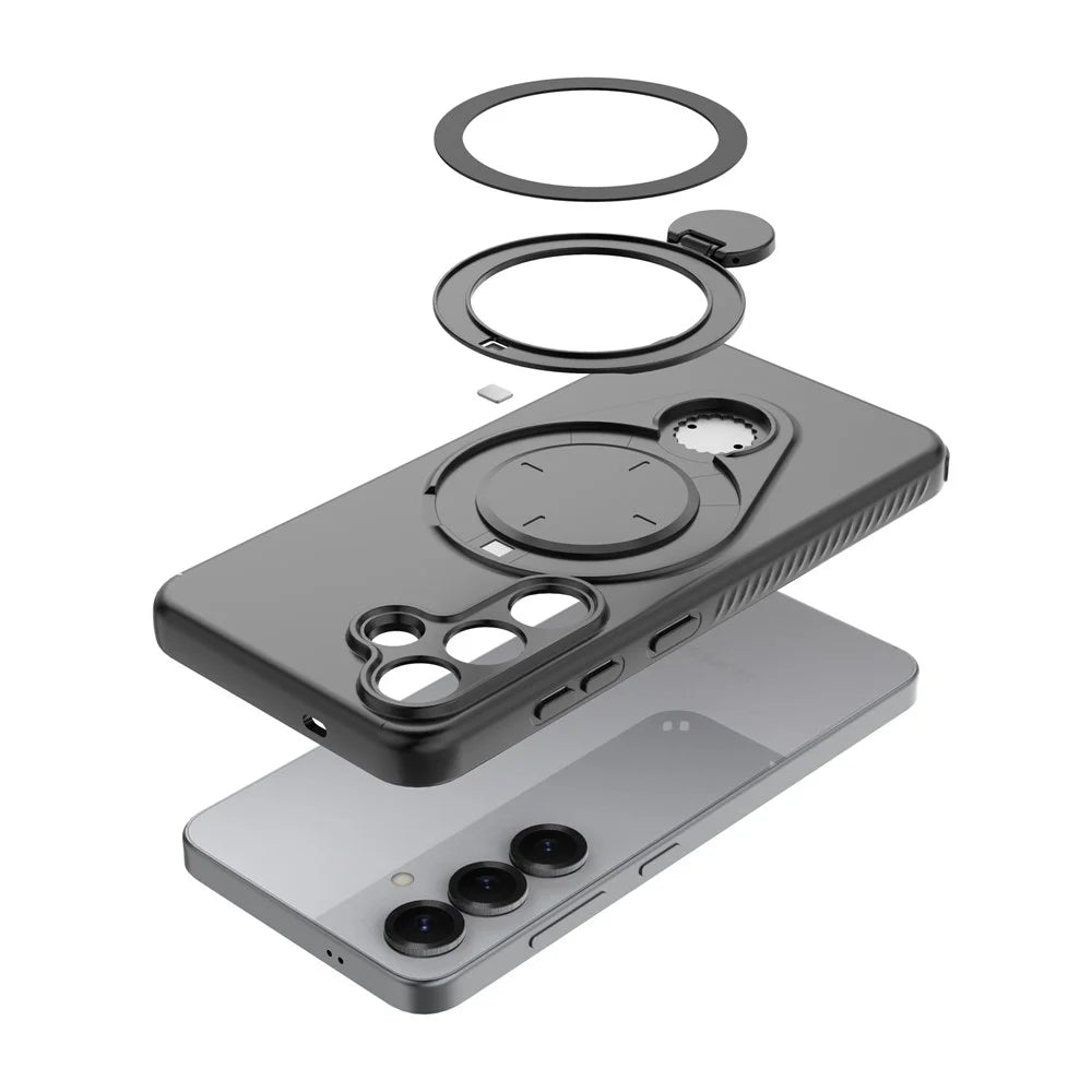 For Samsung Galaxy S25 Magnetic Case Rotating Kickstand TPU PC Phone Cover - Black - 6