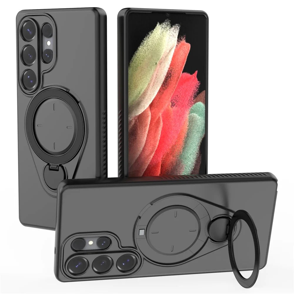 For Samsung Galaxy S25 Ultra Magnetic Case Rotating Kickstand TPU PC Phone Cover - Black - 1