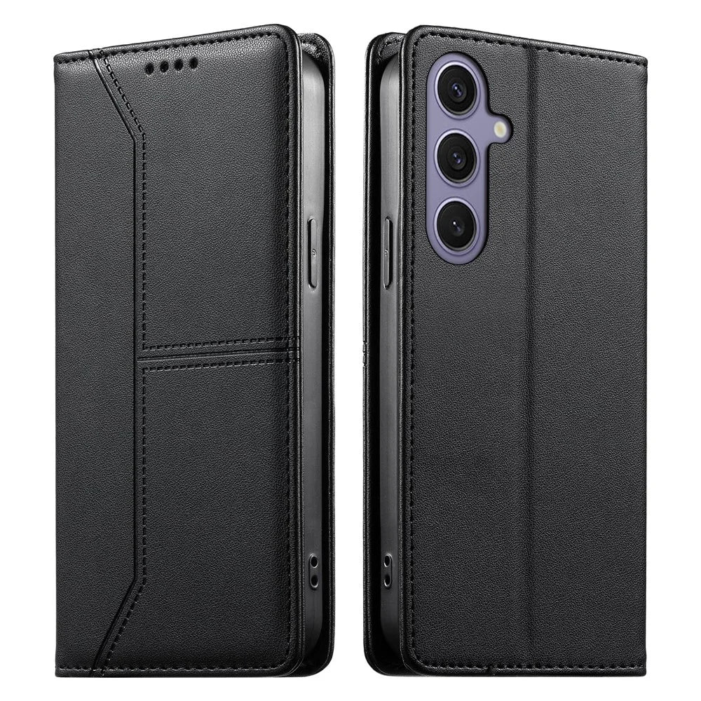 For Samsung Galaxy S25  /  S24 Wallet Stand Case Line Splicing TPU PU Leather Phone Cover - Black - 1