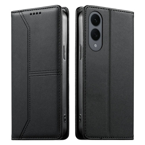 For Samsung Galaxy S25 Edge Wallet Stand Case Line Splicing TPU PU Leather Phone Cover - Black - 1