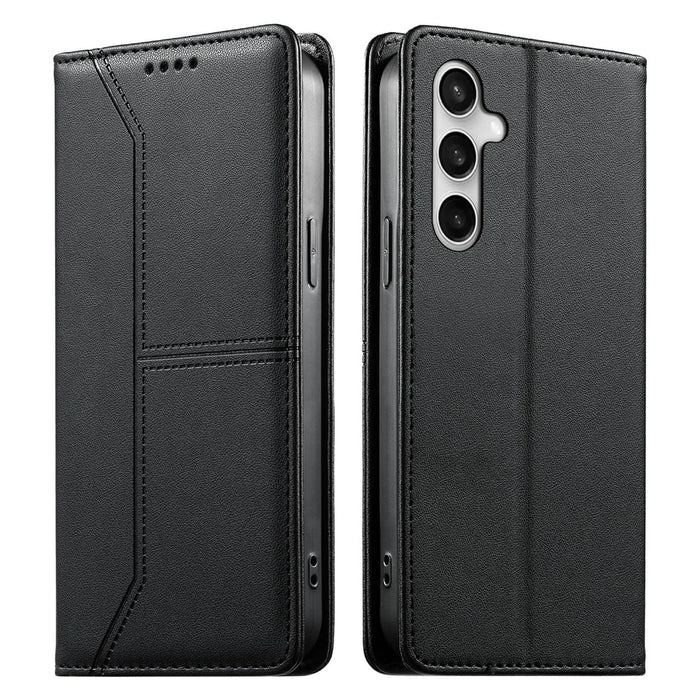 For Samsung Galaxy S25 FE Wallet Stand Case Line Splicing TPU PU Leather Phone Cover - Black - 1