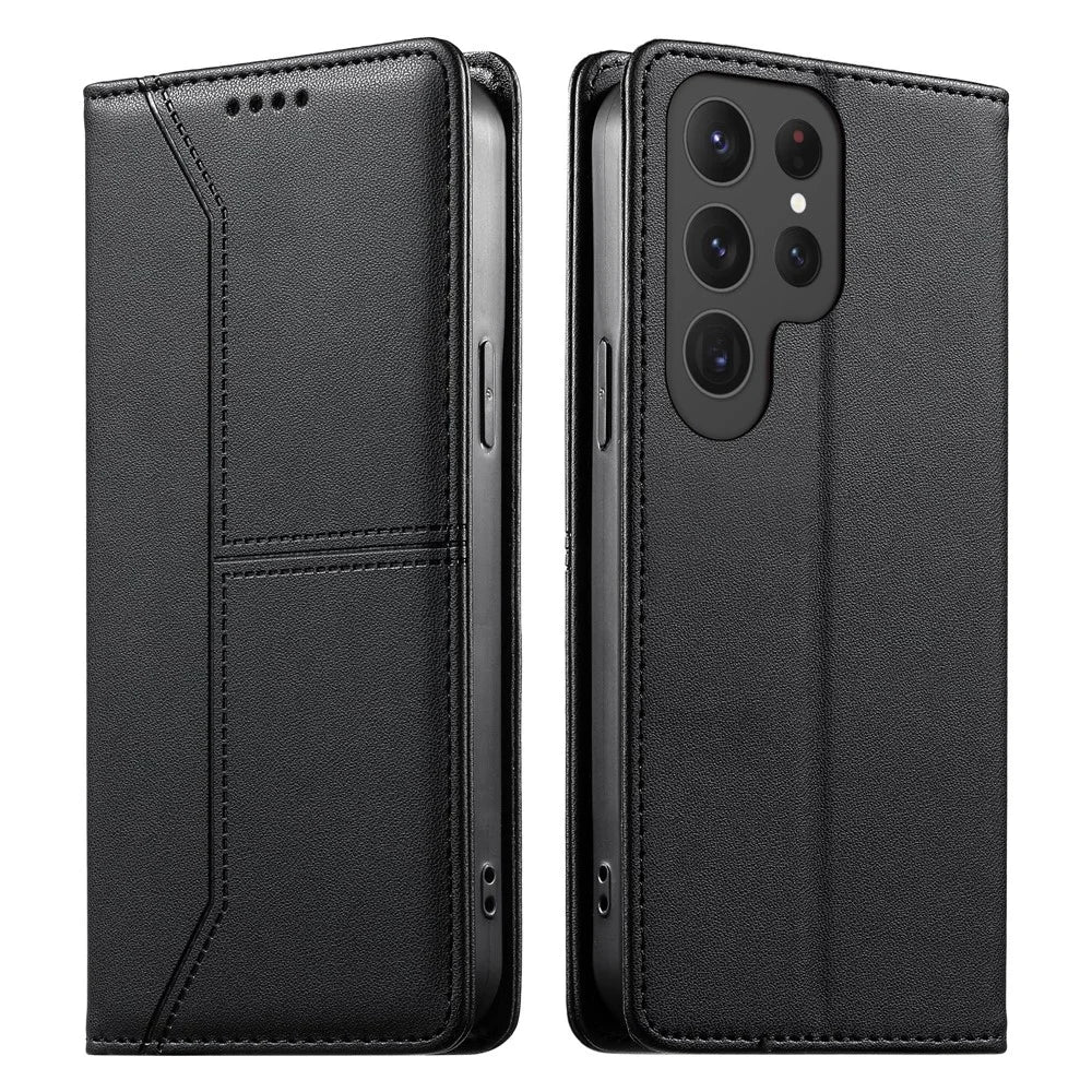 For Samsung Galaxy S25 Ultra Wallet Stand Case Line Splicing TPU PU Leather Phone Cover - Black - 1