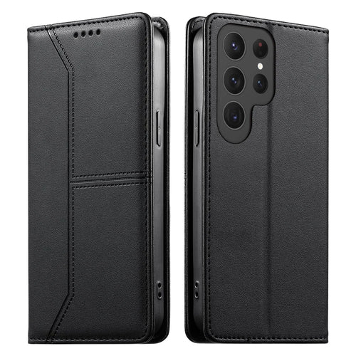 For Samsung Galaxy S25 Ultra Wallet Stand Case Line Splicing TPU PU Leather Phone Cover - Black - 1