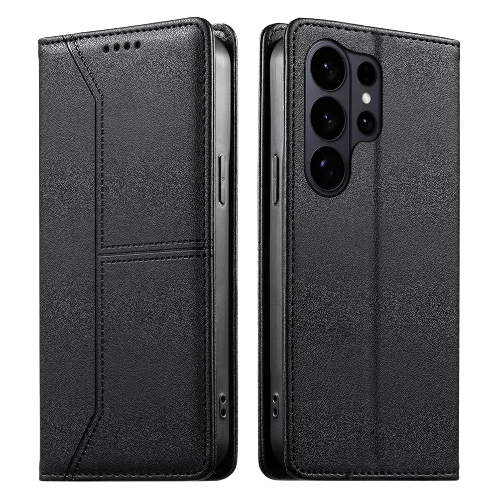 For Samsung Galaxy S26 Ultra Wallet Stand Case Line Splicing TPU PU Leather Phone Cover - Black - 1