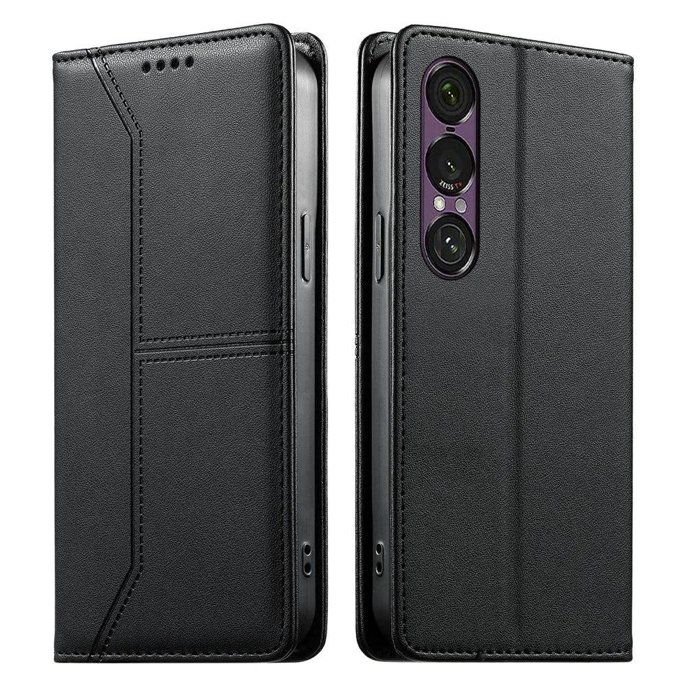 For Sony Xperia 1 VII Wallet Stand Case Line Splicing TPU PU Leather Phone Cover - Black - 1