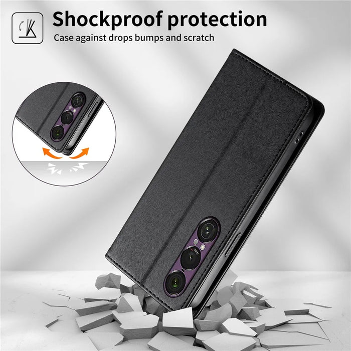 For Sony Xperia 1 VII Wallet Stand Case Line Splicing TPU PU Leather Phone Cover - Black - 7