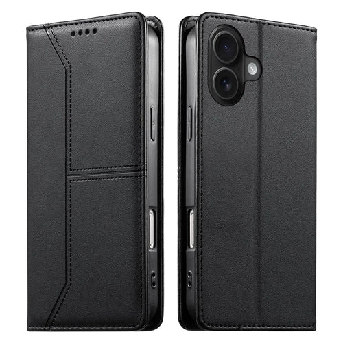 For iPhone 16 Wallet Stand Case Line Splicing TPU PU Leather Phone Cover - Black - 1