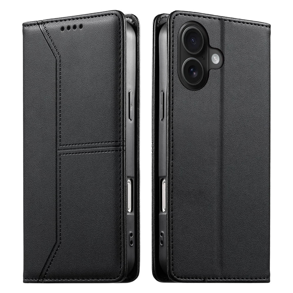 For iPhone 16 Wallet Stand Case Line Splicing TPU PU Leather Phone Cover - Black - 1