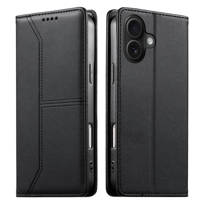 For iPhone 16 Wallet Stand Case Line Splicing TPU PU Leather Phone Cover - Black - 1