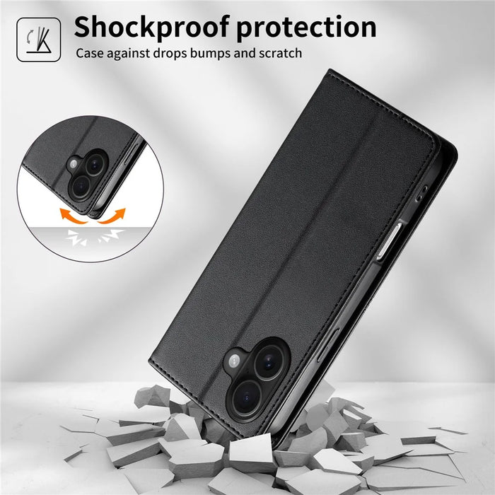 For iPhone 16 Wallet Stand Case Line Splicing TPU PU Leather Phone Cover - Black - 7