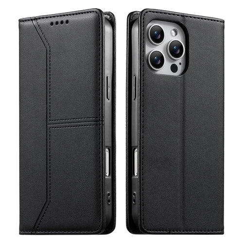 For iPhone 16 Pro Wallet Stand Case Line Splicing TPU PU Leather Phone Cover - Black - 1