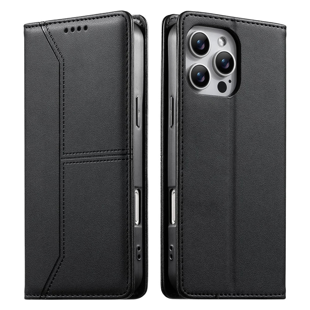 For iPhone 16 Pro Wallet Stand Case Line Splicing TPU PU Leather Phone Cover - Black - 1