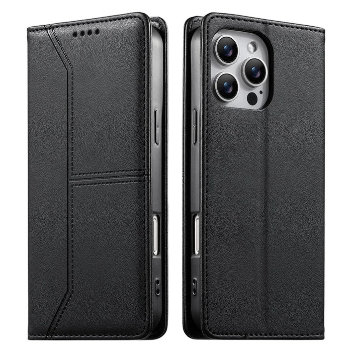 For iPhone 16 Pro Wallet Stand Case Line Splicing TPU PU Leather Phone Cover - Black - 1