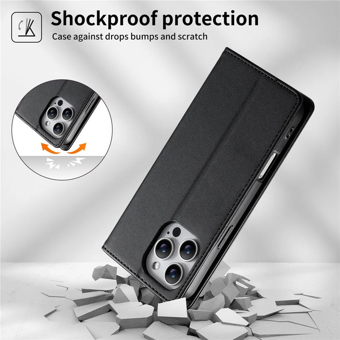 For iPhone 16 Pro Wallet Stand Case Line Splicing TPU PU Leather Phone Cover - Black - 7