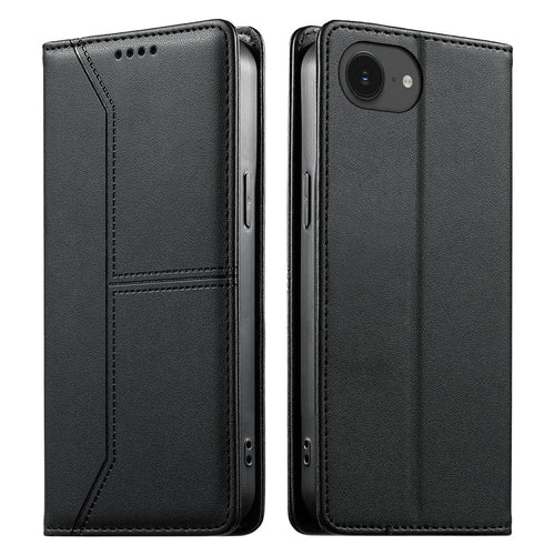 For iPhone 17e / 16e Wallet Stand Case Line Splicing TPU PU Leather Phone Cover - Black - 1
