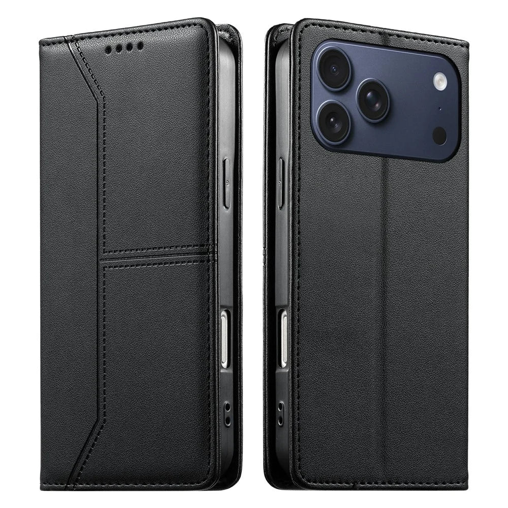For iPhone 18 Pro / 17 Pro Wallet Stand Case Line Splicing TPU PU Leather Phone Cover - Black - 1