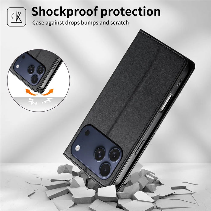 For iPhone 18 Pro / 17 Pro Wallet Stand Case Line Splicing TPU PU Leather Phone Cover - Black - 7