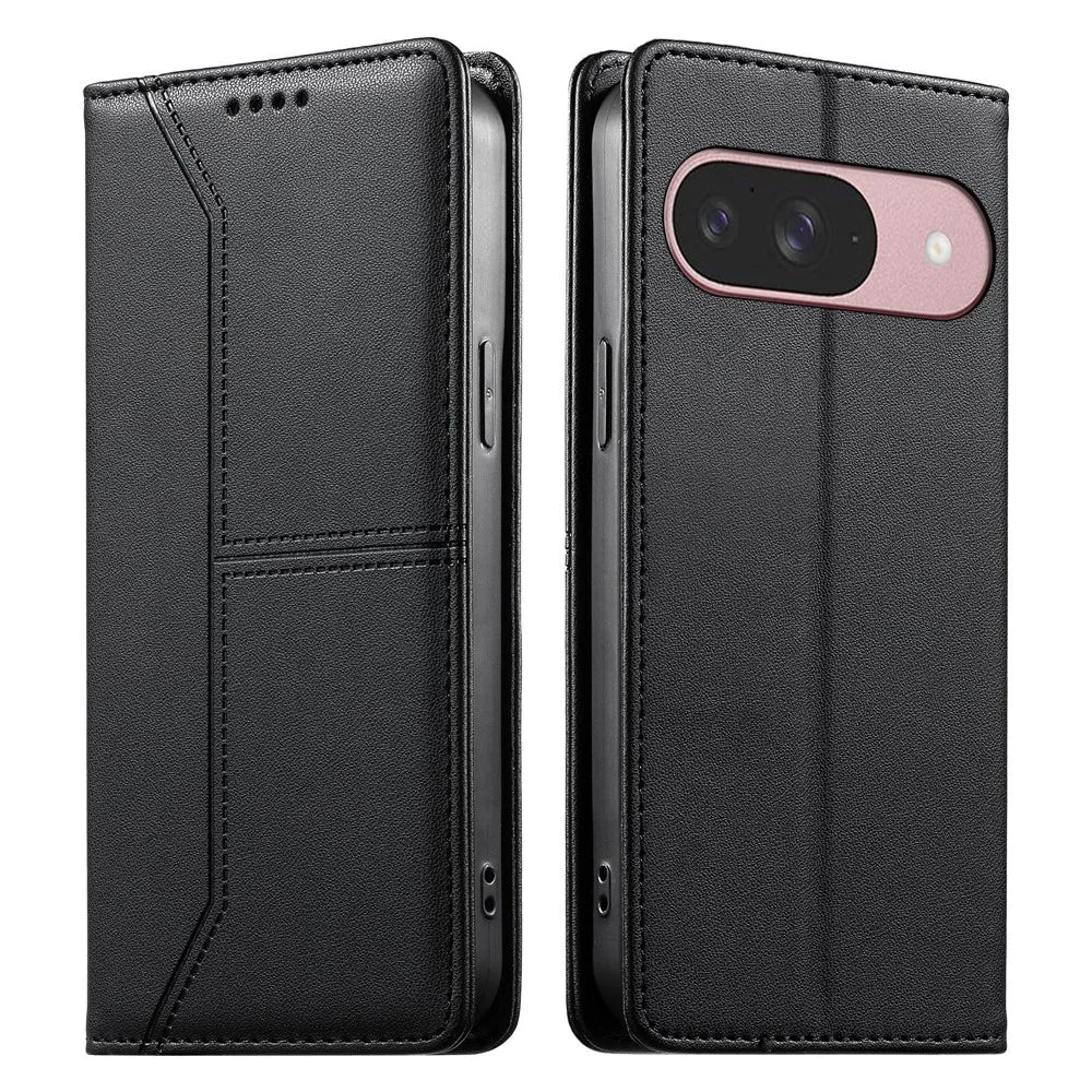 Phone Case For Google Pixel 10  /  10 Pro Wallet Stand Line Splicing TPU PU Leather Phone Cover - Black - 1