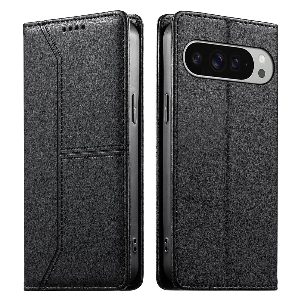 For Google Pixel 10 Pro XL Wallet Stand Case Line Splicing TPU PU Leather Phone Cover - Black - 1