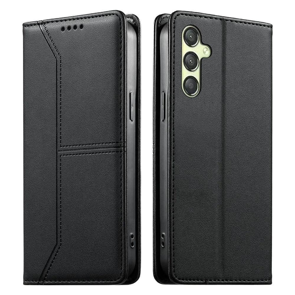 For Samsung Galaxy A25 5G (Global) (161mm) Wallet Stand Case Line Splicing TPU PU Leather Phone Cover - Black - 1