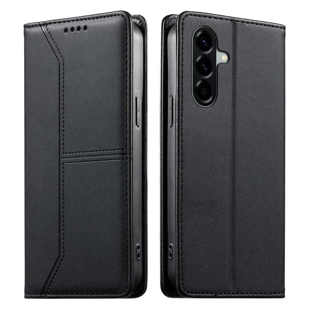 For Samsung Galaxy A57 5G Wallet Stand Case Line Splicing TPU PU Leather Phone Cover - Black - 1