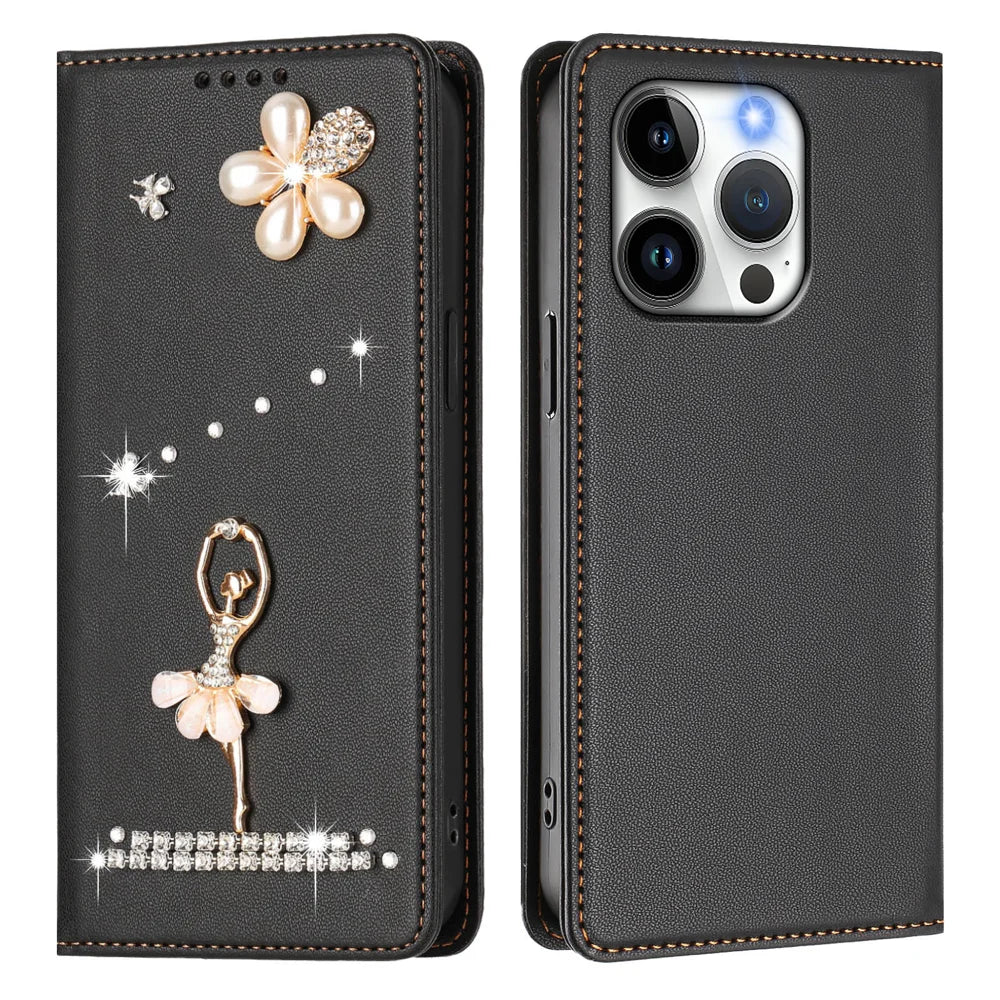 For iPhone 15 Pro Max / iPhone 15 Pro Leather Case RFID Blocking Wallet Stand Rhinestones Ballet Dancer Flip Phone Cover - Black - 1