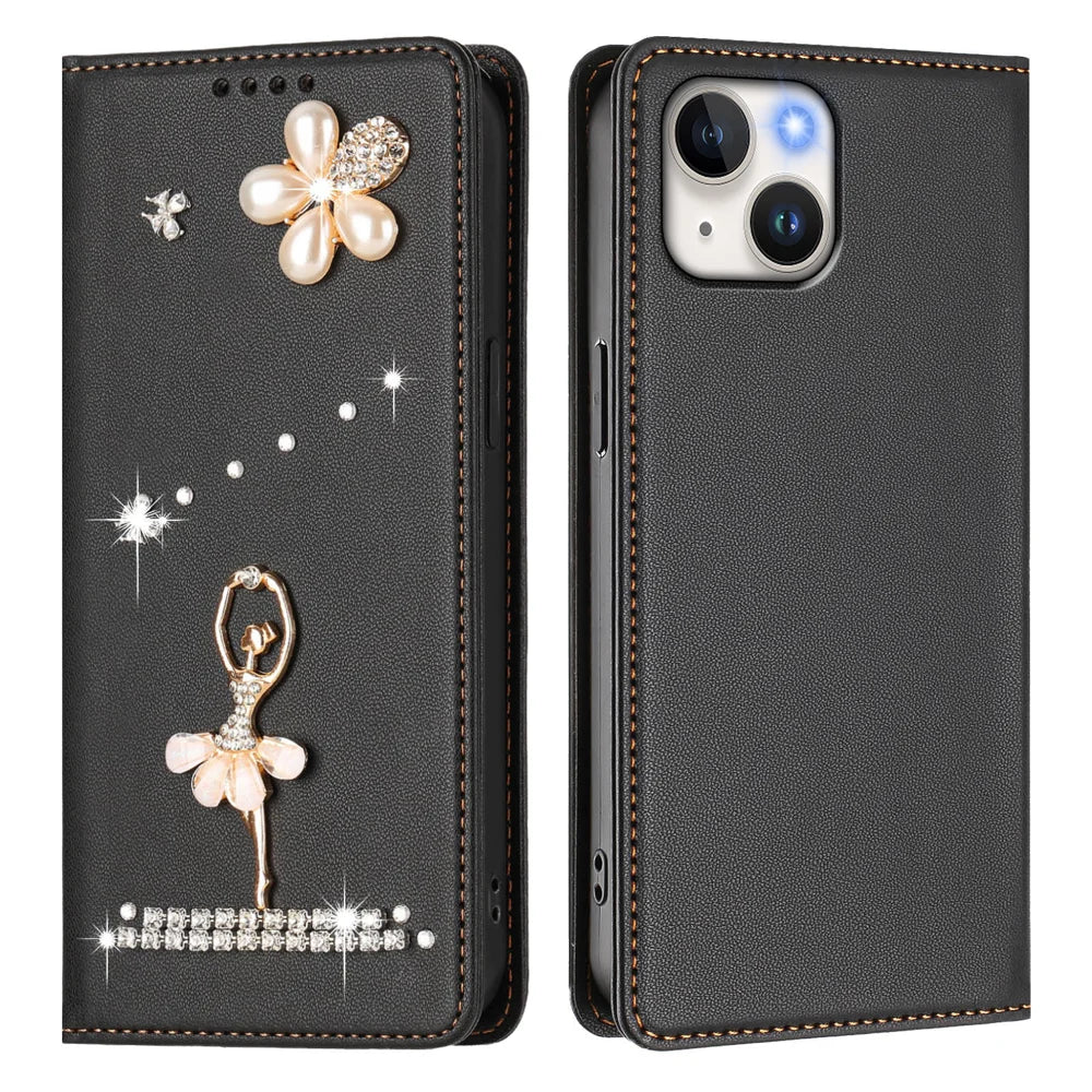 For iPhone 15 Leather Case RFID Blocking Wallet Stand Rhinestones Ballet Dancer Flip Phone Cover - Black - 1