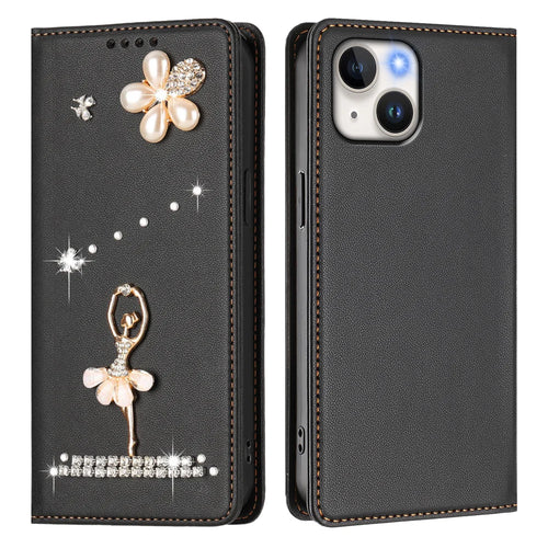 For iPhone 15 Leather Case RFID Blocking Wallet Stand Rhinestones Ballet Dancer Flip Phone Cover - Black - 1
