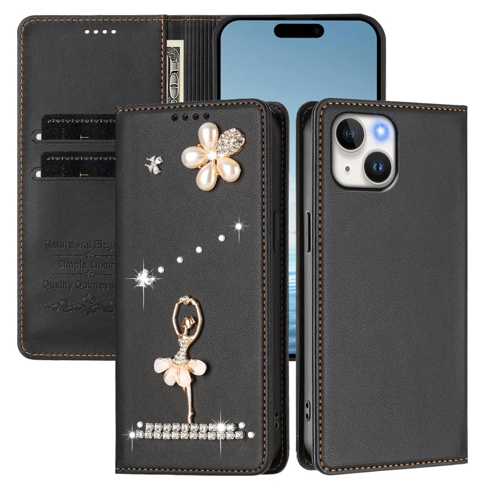 For iPhone 15 Leather Case RFID Blocking Wallet Stand Rhinestones Ballet Dancer Flip Phone Cover - Black - 2