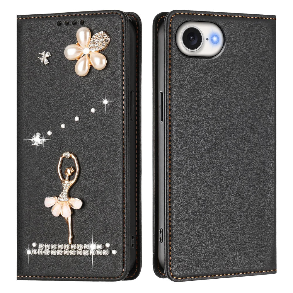 For iPhone 17e / 16e Leather Case RFID Blocking Wallet Stand Rhinestones Ballet Dancer Flip Phone Cover - Black - 1
