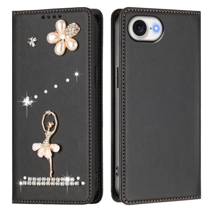 For iPhone 17e / 16e Leather Case RFID Blocking Wallet Stand Rhinestones Ballet Dancer Flip Phone Cover - Black - 1