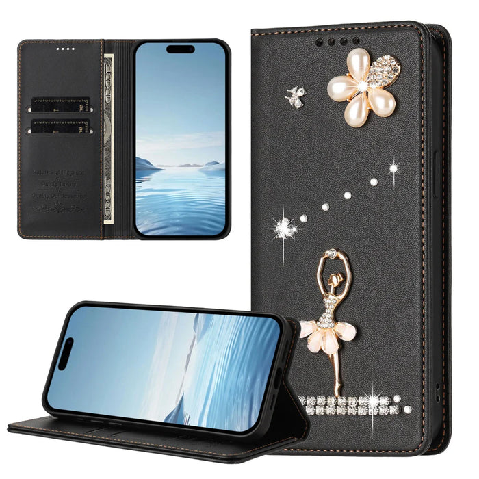 For iPhone 17e / 16e Leather Case RFID Blocking Wallet Stand Rhinestones Ballet Dancer Flip Phone Cover - Black - 6
