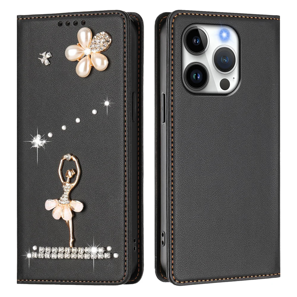 For iPhone 16 Pro Max / iPhone 16 Pro Leather Case RFID Blocking Wallet Stand Rhinestones Ballet Dancer Flip Phone Cover - Black - 1