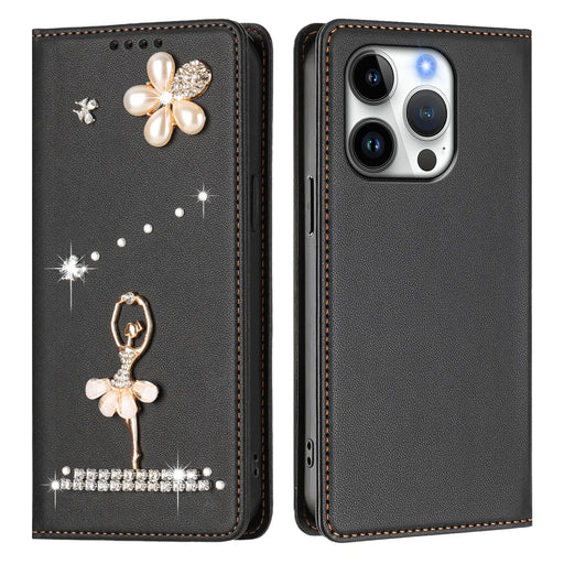 For iPhone 16 Pro Max / iPhone 16 Pro Leather Case RFID Blocking Wallet Stand Rhinestones Ballet Dancer Flip Phone Cover - Black - 1