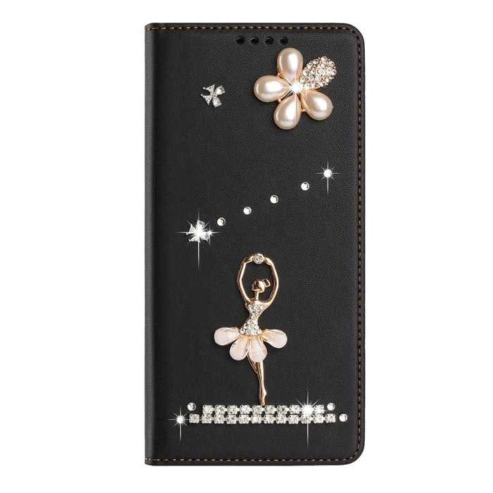 For iPhone 16 Pro Max / iPhone 16 Pro Leather Case RFID Blocking Wallet Stand Rhinestones Ballet Dancer Flip Phone Cover - Black - 3