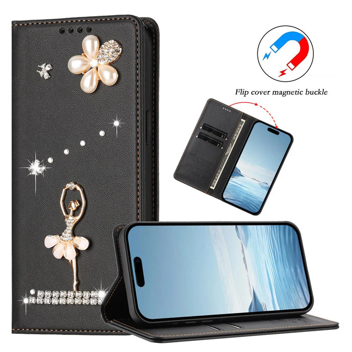 For iPhone 16 Pro Max / iPhone 16 Pro Leather Case RFID Blocking Wallet Stand Rhinestones Ballet Dancer Flip Phone Cover - Black - 7