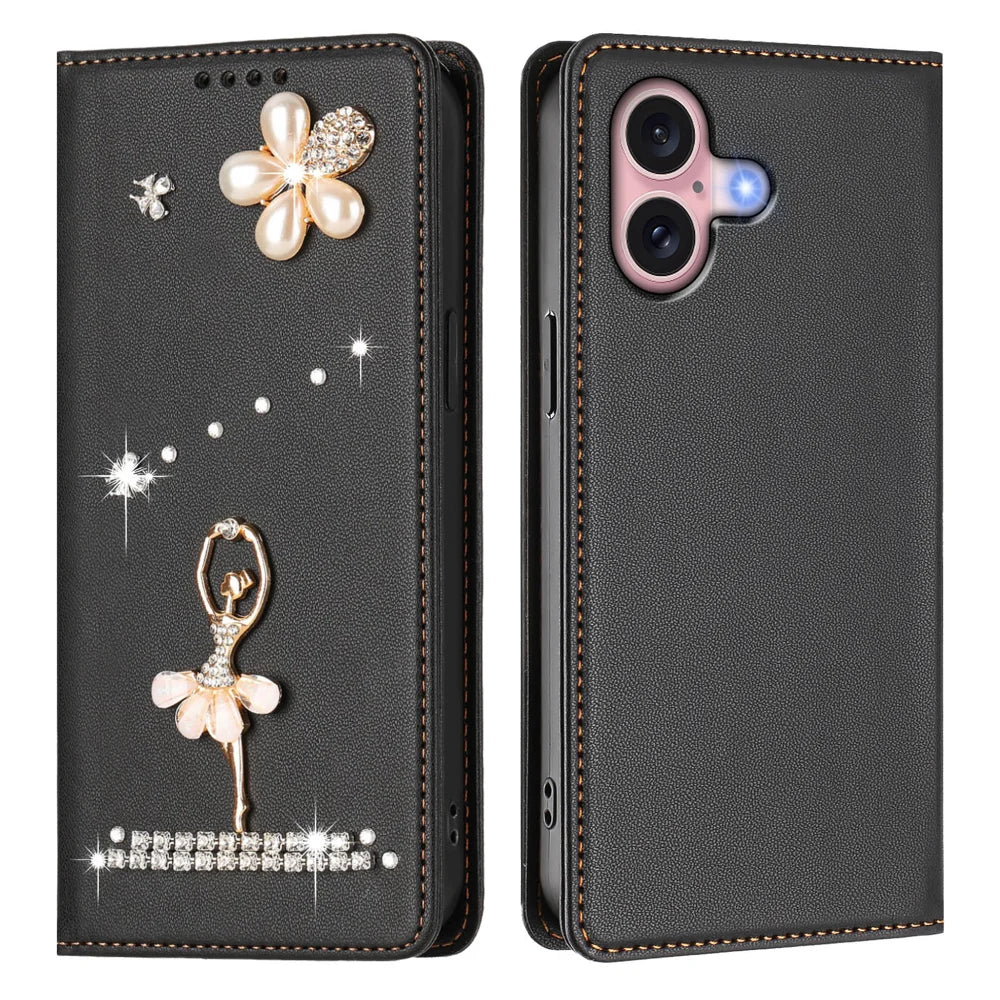 For iPhone 16 Leather Case RFID Blocking Wallet Stand Rhinestones Ballet Dancer Flip Phone Cover - Black - 1